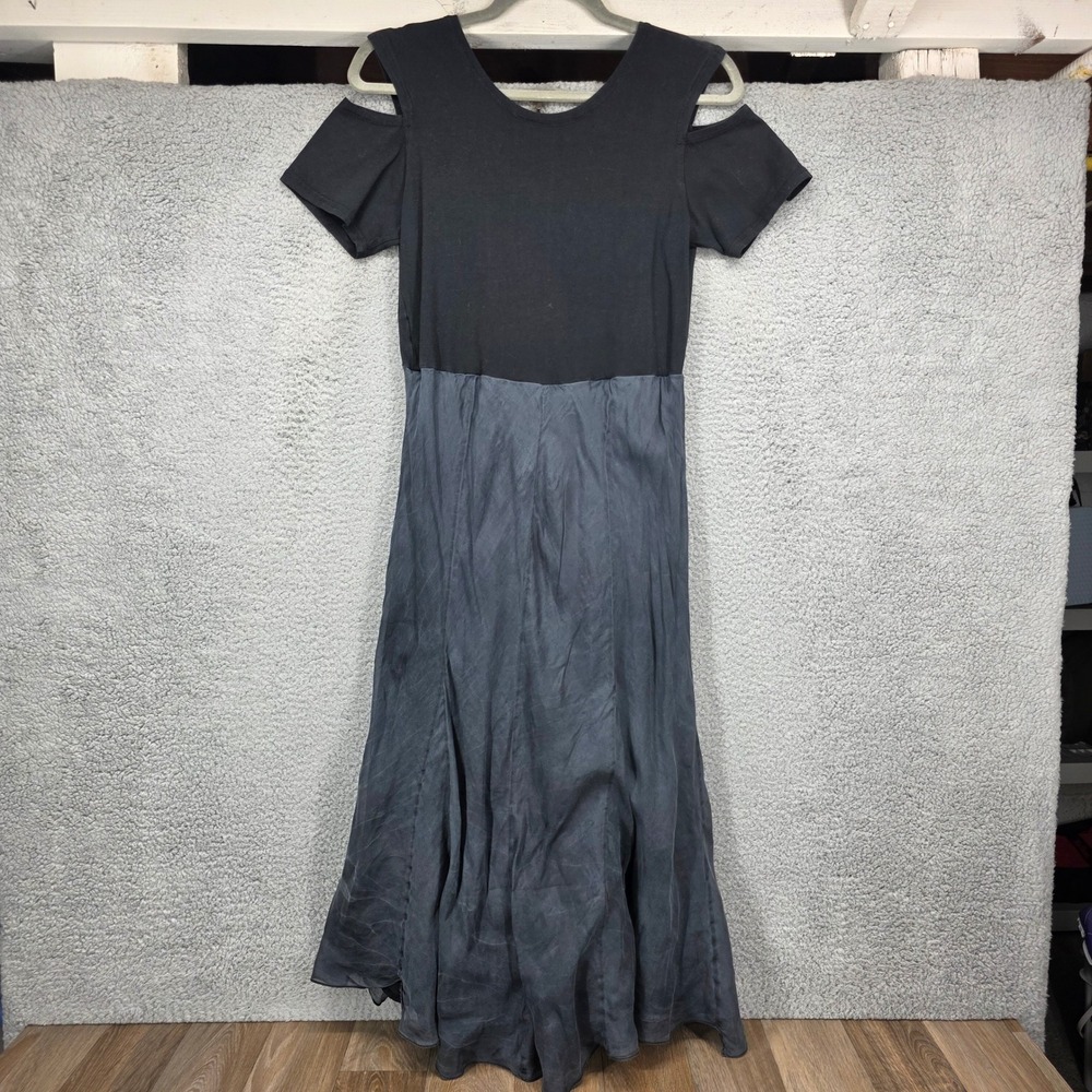 Luna Luz Black Cold Shoulder Mixed Media Maxi Dress V-Neck Garment Dyed Medium